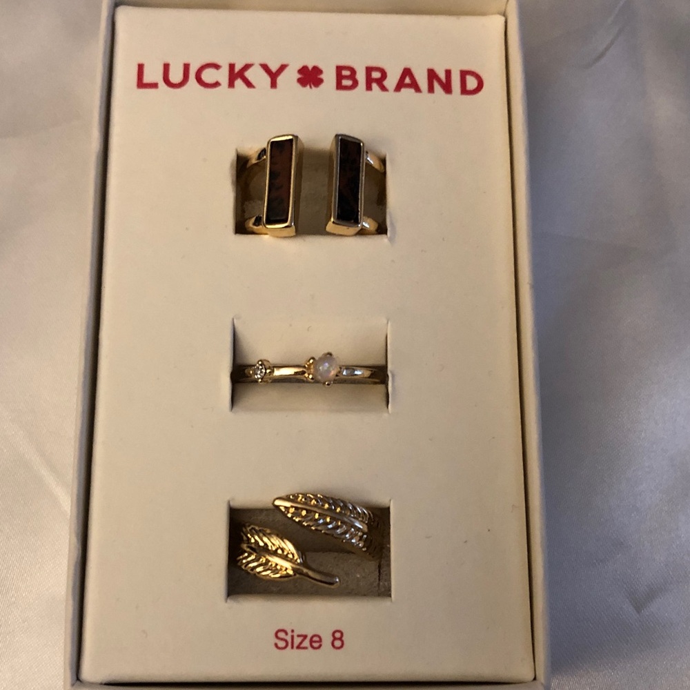 Lucky Brand Gold Tone 3PC Ring Set Open Ring, Dainty Ring & Feather Wrap Size 8